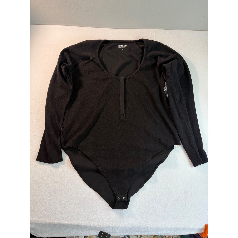 Good American Bodysuit Women 8 Black Feel Good Long Sleeve Ribbed Scoop Neck New